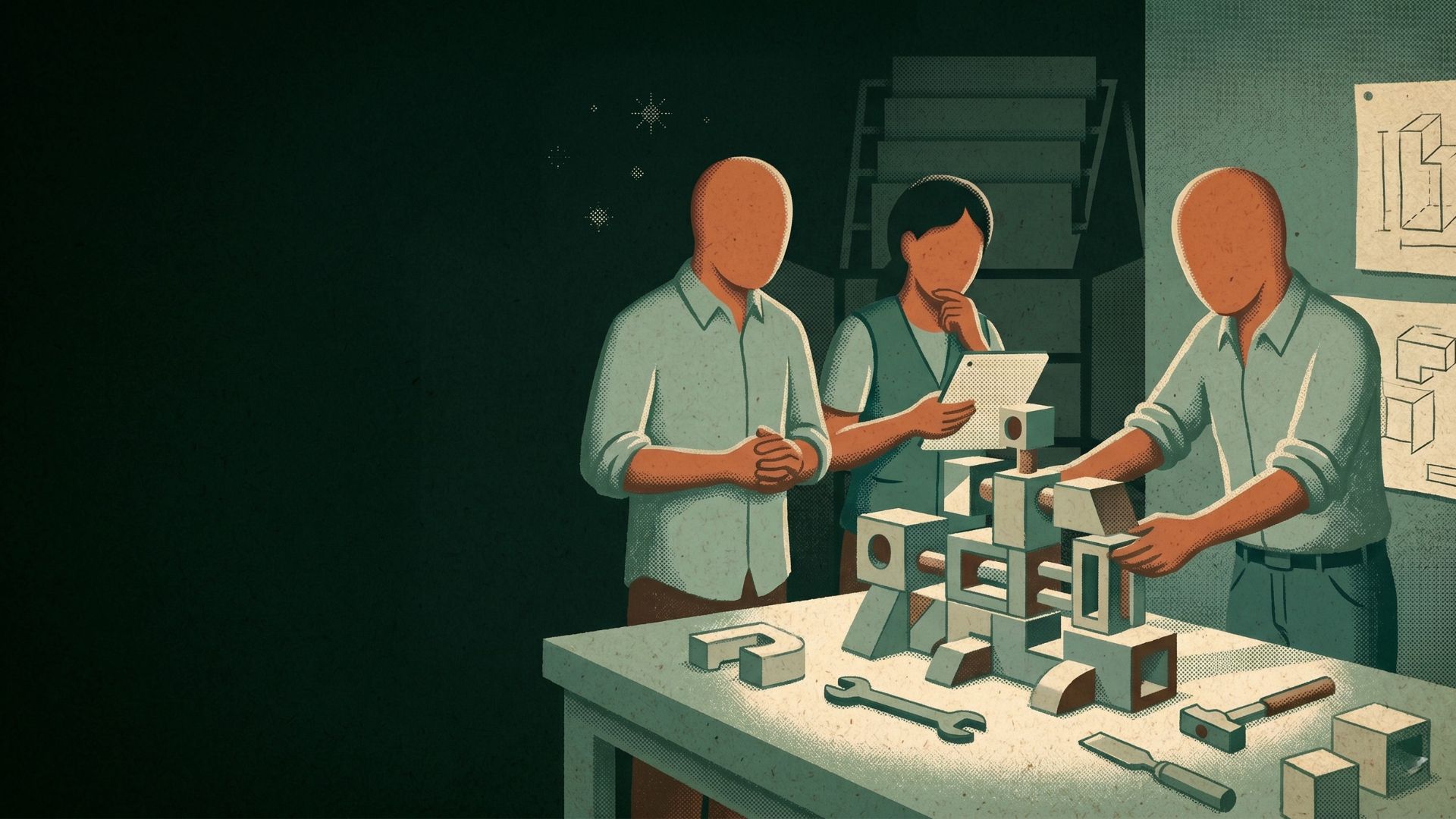 Three people around a single desk at first light, one screen between them, notes taped to the wall behind.