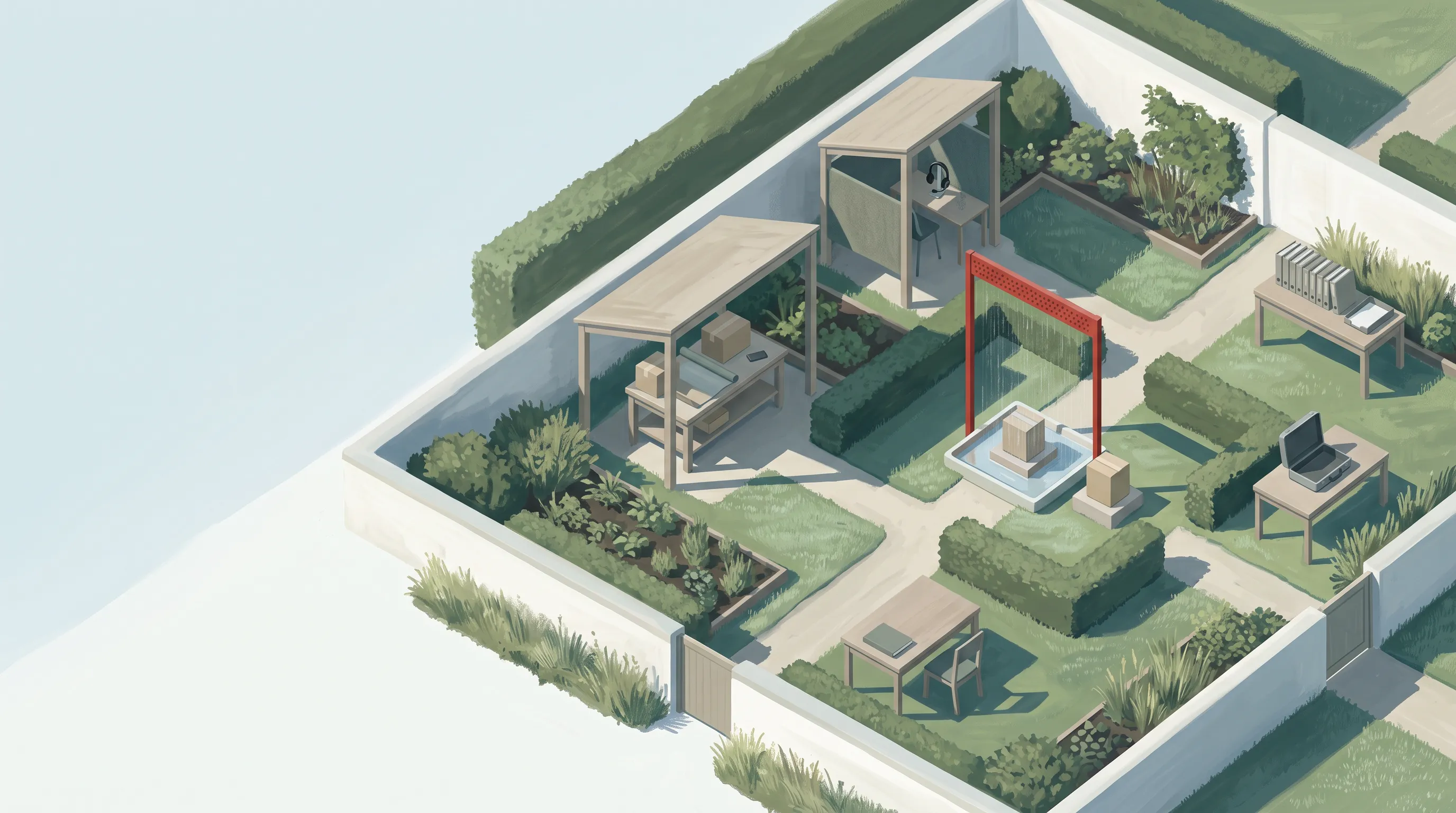 The Trial Garden from above: clipped hedges and planted beds, timber canopies over a packing table and a calling desk, a document desk, and a red rain-testing frame over a basin.